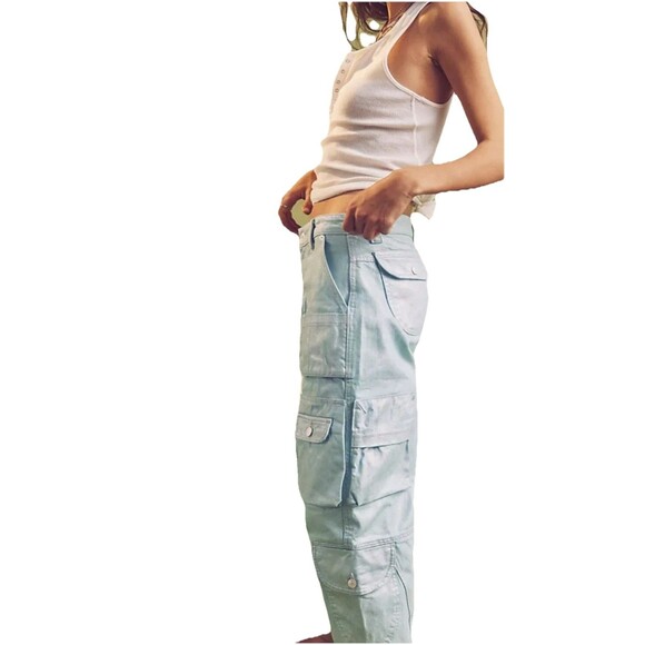 Free People Lap of Luxury Barrel Cargo Jeans Aqua Marine Metallic Size 27 NWOT - Picture 4 of 14